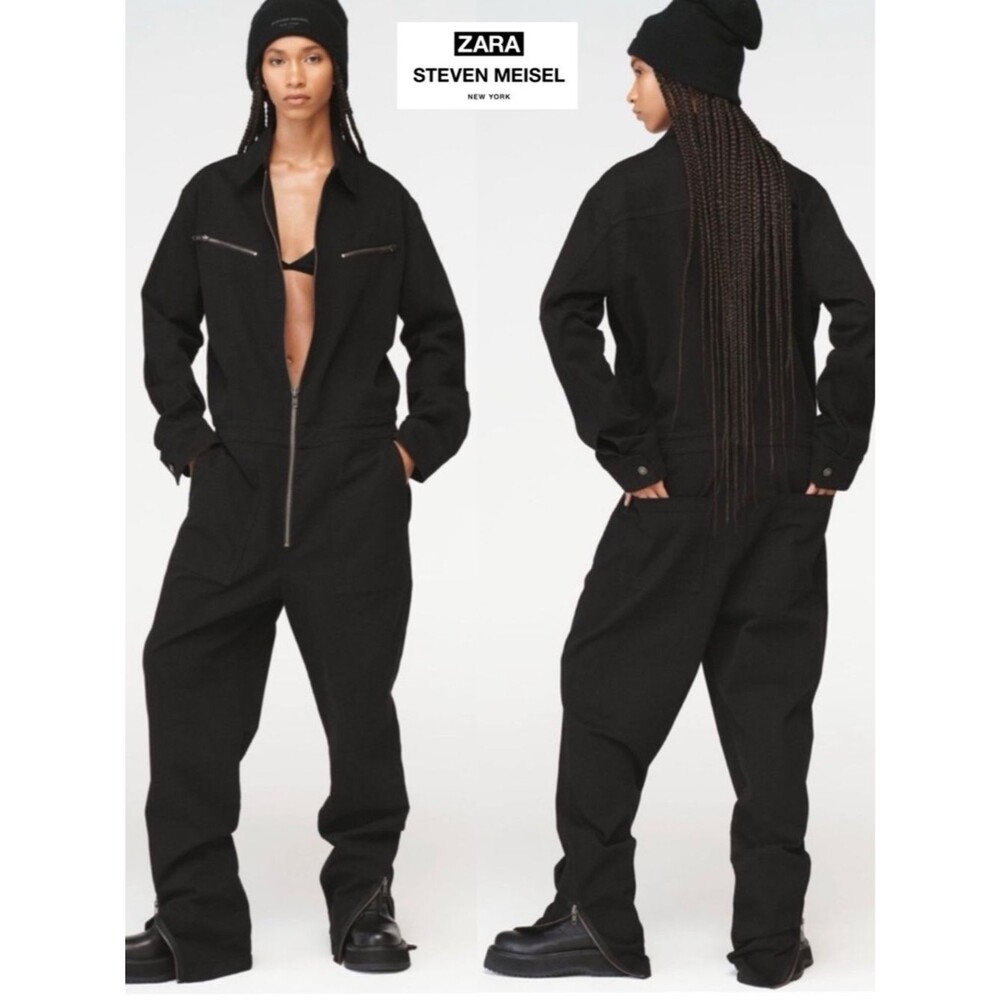 Zara Steven Meisel Black Utility Jumpsuit S Zip Front Cargo Workwear Minimalist